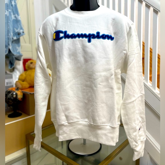 NWT Unisex Size Medium Champion Reserve Weave Chenille Logo Print Sweater White - Picture 5 of 13